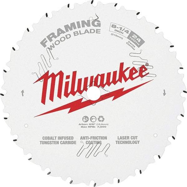Milwaukee Tool - 8-1/4" Diam, 5/8" Arbor Hole Diam, 24 Tooth Wet & Dry Cut Saw Blade - Tungsten Carbide-Tipped, Framing Action, Standard Round Arbor - Exact Tool & Supply