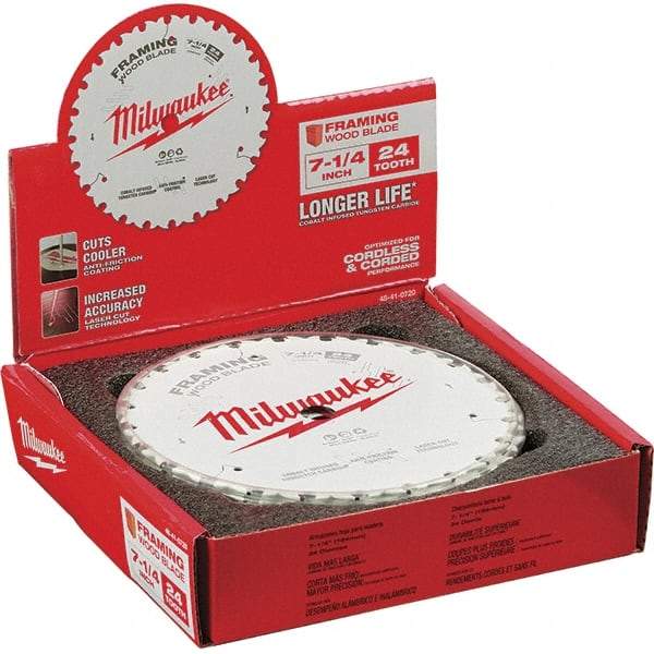 Milwaukee Tool - 7-1/4" Diam, 5/8" Arbor Hole Diam, 24 Tooth Wet & Dry Cut Saw Blade - Tungsten Carbide-Tipped, Framing Action, Standard Round Arbor - Exact Tool & Supply