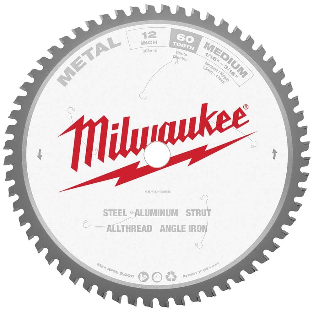 Milwaukee Tool - Wet & Dry-Cut Saw Blades; Blade Diameter (Inch): 12 ; Blade Material: Carbide-Tipped ; Arbor Style: Standard Round ; Arbor Hole Diameter (Inch): 1 ; Arbor Hole Diameter (Decimal Inch): 1 ; Application: Ferrous Metal Cutting - Exact Tool & Supply