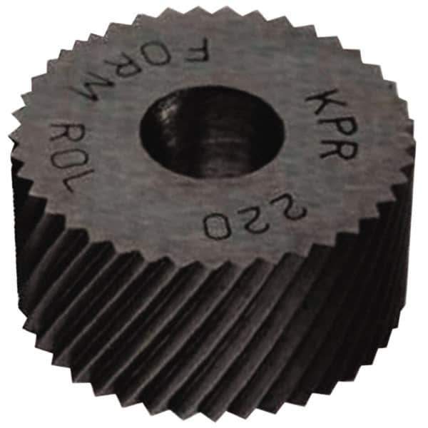 Made in USA - 5/8" Diam, 90° Tooth Angle, 16 TPI, Standard (Shape), Form Type Cobalt Right-Hand Diagonal Knurl Wheel - 1/4" Face Width, 1/4" Hole, Circular Pitch, 30° Helix, Bright Finish, Series GK - Exact Tool & Supply