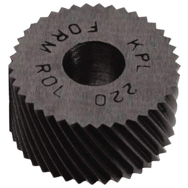 Made in USA - 5/8" Diam, 70° Tooth Angle, 80 TPI, Standard (Shape), Form Type Cobalt Left-Hand Diagonal Knurl Wheel - 1/4" Face Width, 1/4" Hole, Circular Pitch, 30° Helix, Bright Finish, Series GK - Exact Tool & Supply