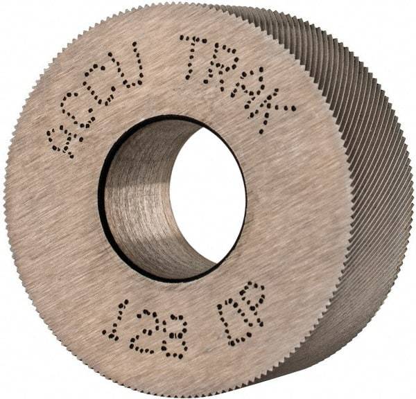 Made in USA - 1-1/4" Diam, 80° Tooth Angle, Standard (Shape), Form Type High Speed Steel Left-Hand Diagonal Knurl Wheel - 1/2" Face Width, 1/2" Hole, 128 Diametral Pitch, 30° Helix, Bright Finish, Series PH - Exact Tool & Supply