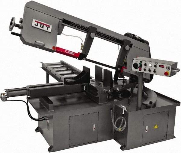 Jet - 12 x 23-1/2" Max Capacity, Semi-Automatic Step Pulley Horizontal Bandsaw - 50 to 297 SFPM Blade Speed, 230/460 Volts, 60°, 3 hp, 3 Phase - Exact Tool & Supply