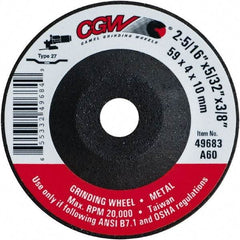 Camel Grinding Wheels - 60 Grit, 2-5/16" Wheel Diam, 5/32" Wheel Thickness, 3/8" Arbor Hole, Type 27 Depressed Center Wheel - Medium Grade, Aluminum Oxide, Resinoid Bond, 20,000 Max RPM - Exact Tool & Supply