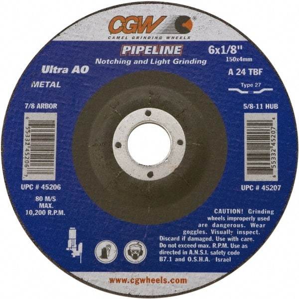 Camel Grinding Wheels - 24 Grit, 6" Wheel Diam, 1/8" Wheel Thickness, 7/8" Arbor Hole, Type 27 Depressed Center Wheel - Coarse Grade, Aluminum Oxide, Resinoid Bond, 10,200 Max RPM - Exact Tool & Supply