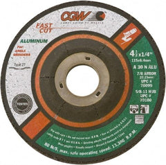 Camel Grinding Wheels - 30 Grit, 5" Wheel Diam, 1/4" Wheel Thickness, 7/8" Arbor Hole, Type 27 Depressed Center Wheel - Medium Grade, Aluminum Oxide, Resinoid Bond, 12,250 Max RPM - Exact Tool & Supply