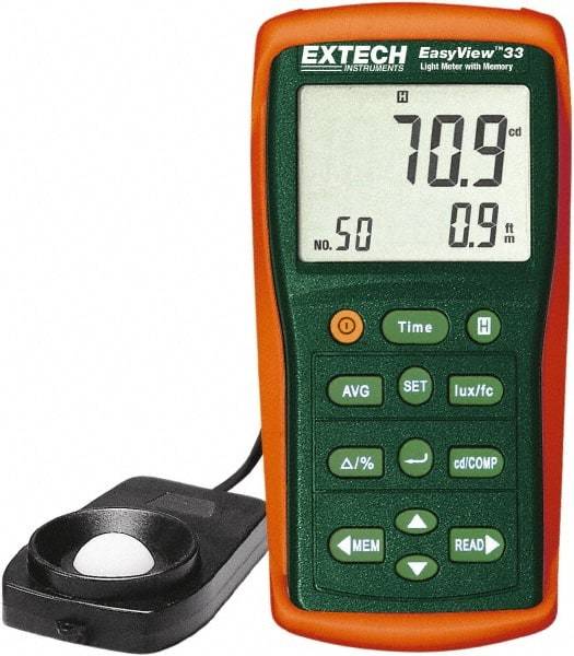 Extech - Light Meters Compatible Lighting: Fluorescent; Sodium; Mercury; Tungsten; Daylight Maximum Measurement (Lux): 1,000 - Exact Tool & Supply
