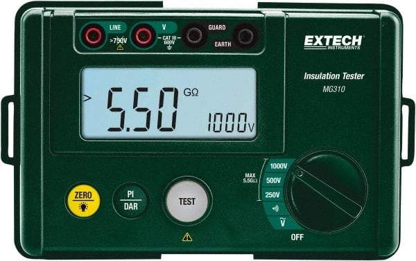 Extech - Digital LCD Display, 0.002 Megohm Electrical Insulation Resistance Tester & Megohmmeter - 1,000 Volt Max Test Voltage, Powered by AA Battery - Exact Tool & Supply
