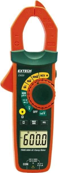 Extech - EX650, CAT III, Digital True RMS Auto Ranging Clamp Meter with 1.18" Clamp On Jaws - 750 VAC, 1000 VDC, 600 AC Amps, Measures Voltage, Capacitance, Continuity, Current, Resistance - Exact Tool & Supply