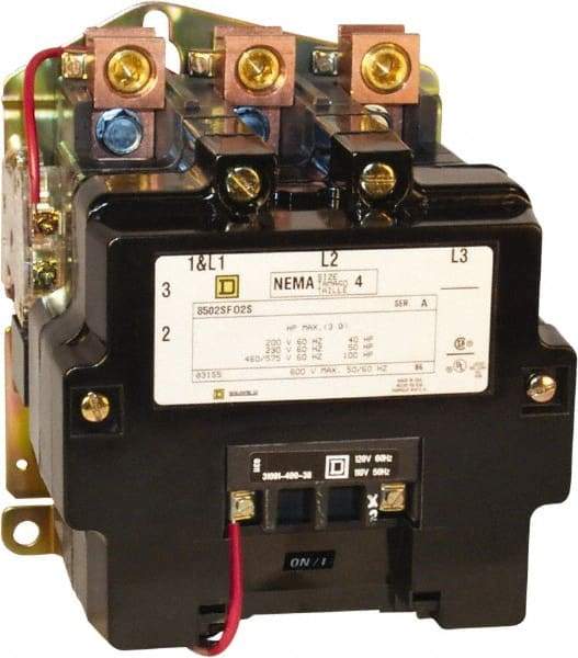 Square D - 2 Pole, 110 Coil VAC at 50 Hz and 120 Coil VAC at 60 Hz, 135 Amp NEMA Contactor - Open Enclosure, 50 Hz at 110 VAC and 60 Hz at 120 VAC - Exact Tool & Supply