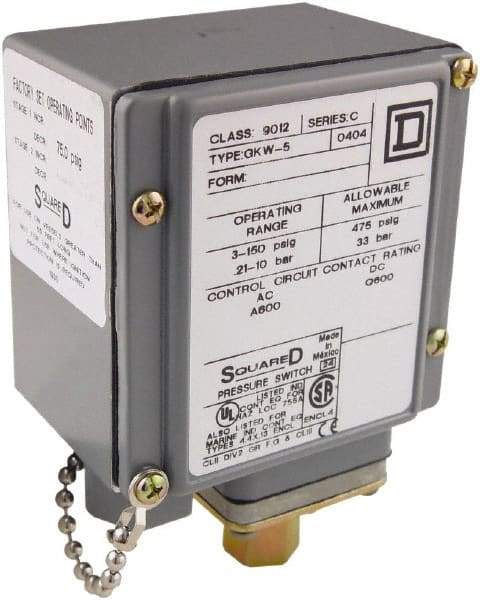 Square D - 4, 13 and 4X NEMA Rated, SPDT, 3 to 150 psi, Electromechanical Pressure and Level Switch - Fixed Pressure, 120 VAC at 6 Amp, 125 VDC at 0.22 Amp, 240 VAC at 3 Amp, 250 VDC at 0.27 Amp, 1/4 Inch Connector, Screw Terminal, For Use with 9012G - Exact Tool & Supply