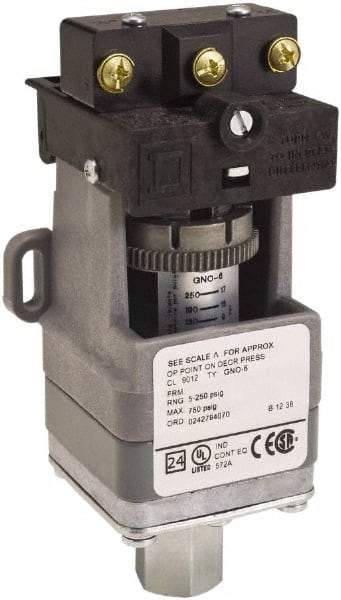 Square D - SPDT, 5 to 250 psi, Electromechanical Pressure and Level Switch - Adjustable Pressure, 120 VAC at 6 Amp, 125 VDC at 0.22 Amp, 240 VAC at 3 Amp, 250 VDC at 0.27 Amp, 1/4 Inch Connector, Screw Terminal, For Use with 9012G - Exact Tool & Supply