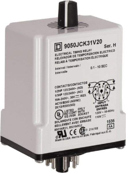 Square D - DPDT Time Delay Relay - 10 Contact Amp, 110 VDC & 120 VAC - Exact Tool & Supply