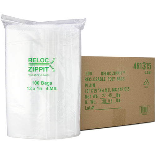 13″ × 15″ 4-MIL Clear Reloc Zippit Zipper Bags , Sold per Case of 500 (5 boxes of 100 per case)