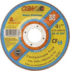 Camel Grinding Wheels - 60 Grit, 4-1/2" Wheel Diam, Type 27 Depressed Center Wheel - Medium Grade, Aluminum Oxide, Resinoid Bond, R Hardness, 13,300 Max RPM - Exact Tool & Supply
