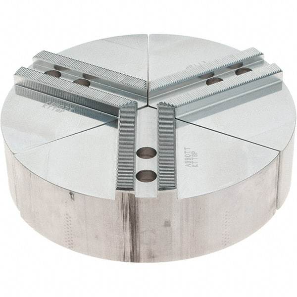 Abbott Workholding Products - 8" Max Chuck Capacity, 1.5mm x 60° Serrated Interface, Round Soft Lathe Chuck Jaw - 3 Jaw, Aluminum, 0.9843" Btw Mount Hole Ctrs, 8" Wide, 2" High, 12mm Fastener - Exact Tool & Supply