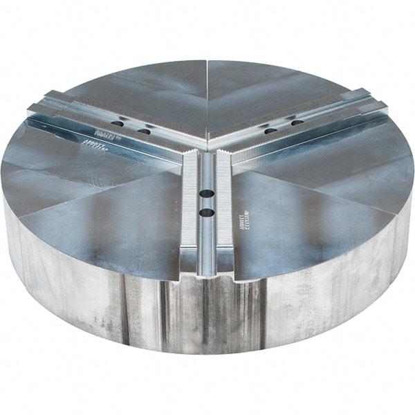 Abbott Workholding Products - 10" Max Chuck Capacity, 1.5mm x 60° Serrated Interface, Round Soft Lathe Chuck Jaw - 3 Jaw, Aluminum, 1.1811" Btw Mount Hole Ctrs, 15" Wide, 3" High, 12mm Fastener - Exact Tool & Supply