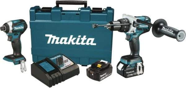 Makita - 18 Volt Cordless Tool Combination Kit - Includes 1/2" Hammer Drill & 1/4" Impact Driver, Lithium-Ion Battery Included - Exact Tool & Supply