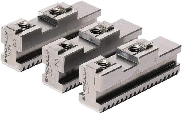 Samchully - 8" Max Chuck Diam Compatibility, Steel Tongue & Groove Hard Lathe Top Jaws - 0 Steps, 22mm Wide x 85mm Long x 85mm High - Exact Tool & Supply