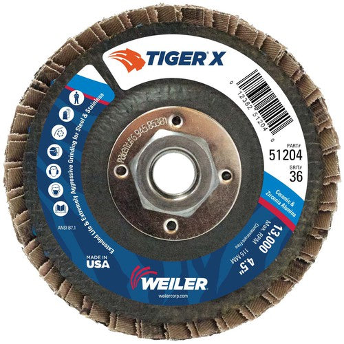 4 1/2″ Diameter - Tiger X Flap Disc, Angled, Phenolic Backing, 36Z, 5/8″ Diameter - 11 UNC Nut - Exact Tool & Supply