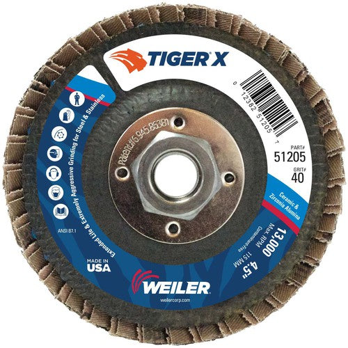 4 1/2″ Diameter - Tiger X Flap Disc, Angled, Phenolic Backing, 40Z, 5/8″ Diameter - 11 UNC Nut - Exact Tool & Supply