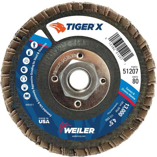4 1/2″ Diameter - Tiger X Flap Disc, Angled, Phenolic Backing, 80Z, 5/8″ Diameter - 11 UNC Nut - Exact Tool & Supply