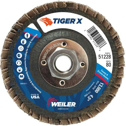 4 1/2″ Diameter - Tiger X Flap Disc, Flat, Phenolic Backing, 80Z, 5/8″-11 Diameter - Arbor Hole - Exact Tool & Supply