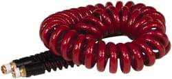 PRO-SOURCE - 1/4" ID, 1/4 Thread, 15' Long, Red Polyurethane Coiled & Self Storing Hose - 220 Max psi, Male Swivel x Male Swivel - Exact Tool & Supply