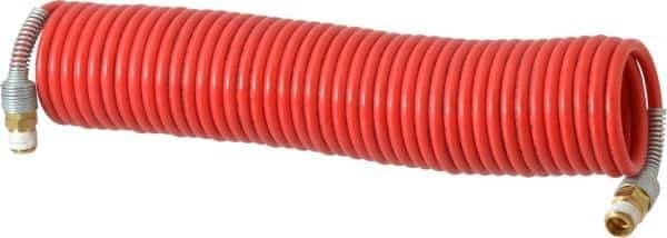 PRO-SOURCE - 3/16" ID, 1/4 Thread, 25' Long, Red Nylon Coiled & Self Storing Hose - 287 Max psi, Male Swivel x Male Swivel - Exact Tool & Supply