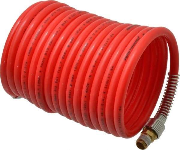 PRO-SOURCE - 5/16" ID, 1/4 Thread, 17' Long, Red Nylon Coiled & Self Storing Hose - 213 Max psi, Male Swivel x Male Swivel - Exact Tool & Supply
