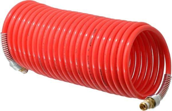 PRO-SOURCE - 5/16" ID, 1/4 Thread, 25' Long, Red Nylon Coiled & Self Storing Hose - 213 Max psi, Male Swivel x Male Swivel - Exact Tool & Supply