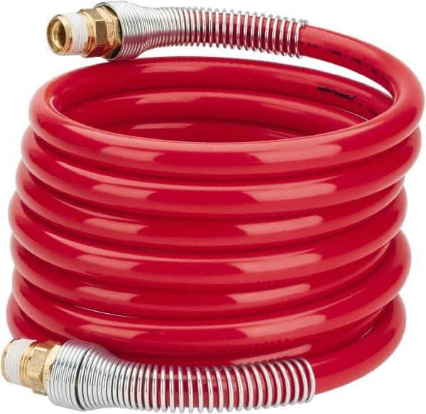 PRO-SOURCE - 1/2" ID, 1/2 Thread, 12' Long, Red Nylon Coiled & Self Storing Hose - 220 Max psi, Male Swivel x Male Swivel - Exact Tool & Supply