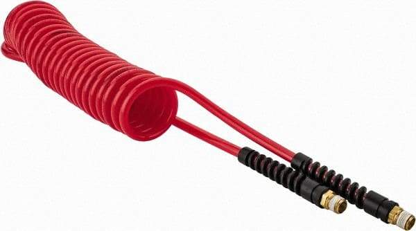 PRO-SOURCE - 1/4" ID, 1/4 Thread, 15' Long, Red Polyurethane Coiled & Self Storing Hose - 147 Max psi, Male Swivel x Male Swivel - Exact Tool & Supply