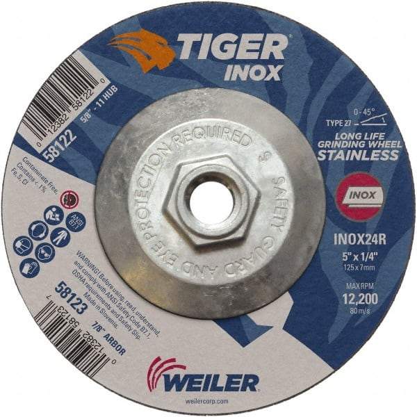 Weiler - 24 Grit, 5" Wheel Diam, 1/4" Wheel Thickness, Type 27 Depressed Center Wheel - Coarse Grade, Aluminum Oxide, Resinoid Bond, R Hardness, 12,200 Max RPM - Exact Tool & Supply