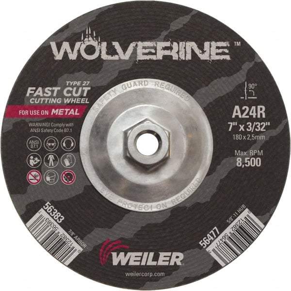 Weiler - 24 Grit, 7" Wheel Diam, 3/32" Wheel Thickness, Type 27 Depressed Center Wheel - Coarse Grade, Aluminum Oxide, Resinoid Bond, R Hardness, 8,500 Max RPM - Exact Tool & Supply