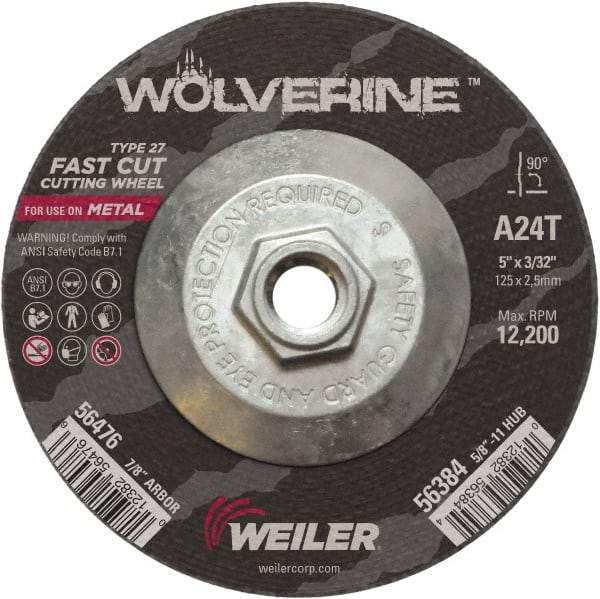 Weiler - 24 Grit, 5" Wheel Diam, 3/32" Wheel Thickness, Type 27 Depressed Center Wheel - Coarse Grade, Aluminum Oxide, Resinoid Bond, T Hardness, 12,200 Max RPM - Exact Tool & Supply