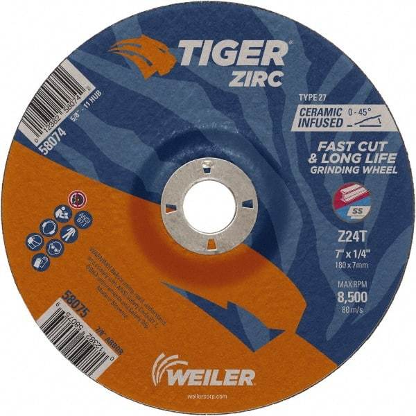 Weiler - 24 Grit, 7" Wheel Diam, 1/4" Wheel Thickness, 7/8" Arbor Hole, Type 27 Depressed Center Wheel - Coarse Grade, Zirconia Alumina, Resinoid Bond, T Hardness, 8,500 Max RPM - Exact Tool & Supply