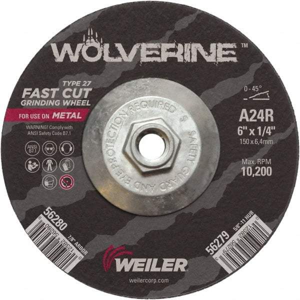 Weiler - 24 Grit, 6" Wheel Diam, 1/4" Wheel Thickness, Type 27 Depressed Center Wheel - Coarse Grade, Aluminum Oxide, Resinoid Bond, R Hardness, 10,200 Max RPM - Exact Tool & Supply