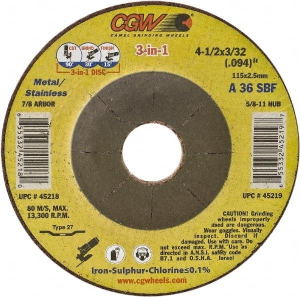 Camel Grinding Wheels - 36 Grit, 6" Wheel Diam, 3/32" Wheel Thickness, Type 27 Depressed Center Wheel - Medium Grade, Aluminum Oxide, Resinoid Bond, 10,200 Max RPM - Exact Tool & Supply