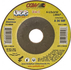 Camel Grinding Wheels - 36 Grit, 7" Wheel Diam, 3/32" Wheel Thickness, 7/8" Arbor Hole, Type 27 Depressed Center Wheel - Medium Grade, Aluminum Oxide, Resinoid Bond, 8,600 Max RPM - Exact Tool & Supply