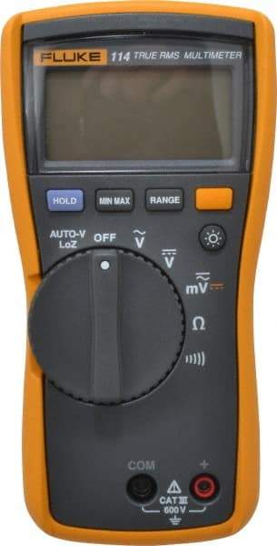 Fluke - 114, CAT III, 600 VAC/VDC, Digital True RMS Auto Ranging Manual Ranging Multimeter - 40 mOhm, Measures Voltage, Capacitance, Current, Resistance - Exact Tool & Supply