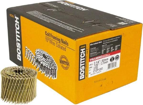 Stanley Bostitch - 11 Gauge 0.12" Shank Diam 3-1/4" Long Framing Nails for Power Nailers - Steel, Yellow Zinc Finish, Smooth Shank, Coil Wire Collation, Round Head, Diamond Point - Exact Tool & Supply