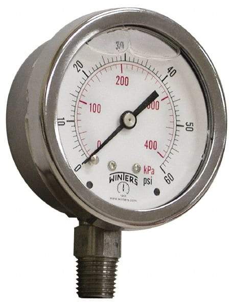 Winters - 2-1/2" Dial, 1/4 Thread, 0-600 Scale Range, Pressure Gauge - Lower Connection Mount, Accurate to 1.5% of Scale - Exact Tool & Supply