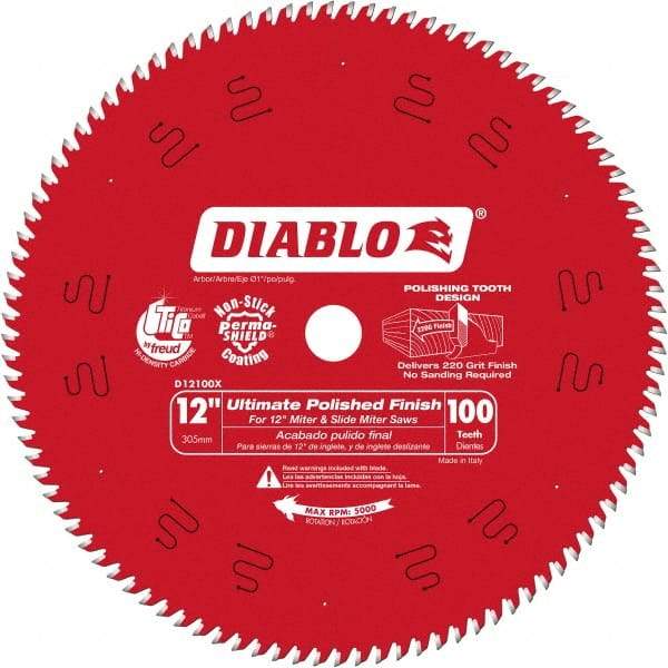 Freud - 12" Diam, 1" Arbor Hole Diam, 100 Tooth Wet & Dry Cut Saw Blade - Carbide-Tipped, Fine Finishing Action, Standard Round Arbor - Exact Tool & Supply