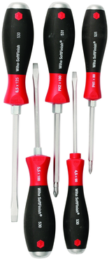 5 Piece - SoftFinish® Cushion Grip Extra Heavy Duty Screwdriver w/ Hex Bolster & Metal Striking Cap Set - #53075 - Includes: Slotted 4.5 - 6.5mm Phillips #1 - 2 - Extra Heavy Duty - Exact Tool & Supply