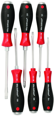 6 Piece - SoftFinish® Cushion Grip Extra Heavy Duty Screwdriver w/ Hex Bolster & Metal Striking Cap Set - #53096 - Includes: Slotted 3.5 - 6.5mm Phillips #1 - 2 - Exact Tool & Supply