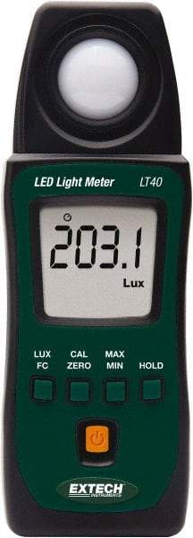 Extech - AAA Batteries, 40,000 FC, LCD Display, Color Corrected Photodiode, Light Meter - 3 Accuracy, Compatible with LED Lighting - Exact Tool & Supply