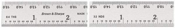 TESA Brown & Sharpe - 6" Long, 1/64, 1/32" and 0.5, 1mm Graduation, Rigid Steel Rule - English/Metric Graduation Style, 3/4" Wide, Silver, Satin Chrome Finish - Exact Tool & Supply