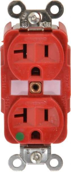 Hubbell Wiring Device-Kellems - 125 VAC, 20 Amp, 5-20R NEMA Configuration, Red, Hospital Grade, Self Grounding Duplex Receptacle - 1 Phase, 2 Poles, 3 Wire, Flush Mount, Tamper Resistant - Exact Tool & Supply