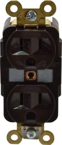Hubbell Wiring Device-Kellems - 125 VAC, 15 Amp, 5-15R NEMA Configuration, Brown, Specification Grade, Self Grounding Duplex Receptacle - 1 Phase, 2 Poles, 3 Wire, Flush Mount, Corrosion, Heat and Impact Resistant - Exact Tool & Supply